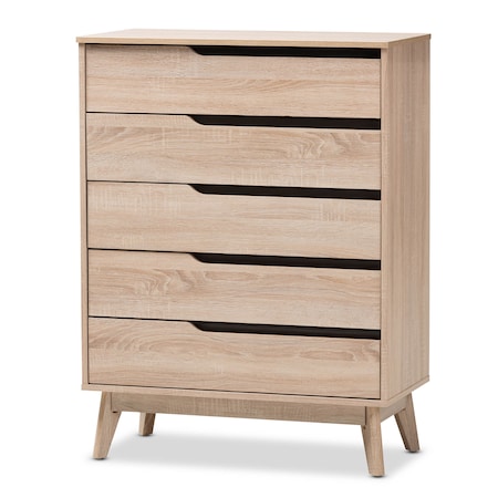 Baxton Studio Fella Mid-Century Modern Two-Tone Oak and Grey Wood 5-Drawer Chest 138-7703